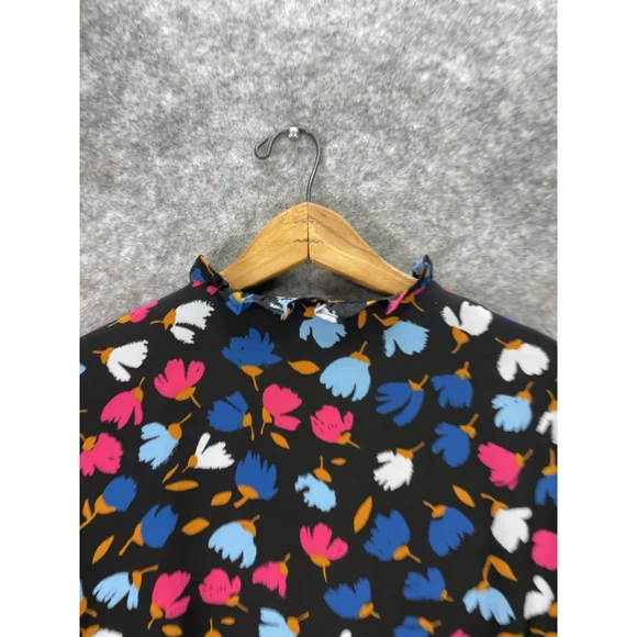 J Crew Blouse Womens Large Black Floral Mock Neck Ruffle Long Sleeve Top - Picture 10 of 10